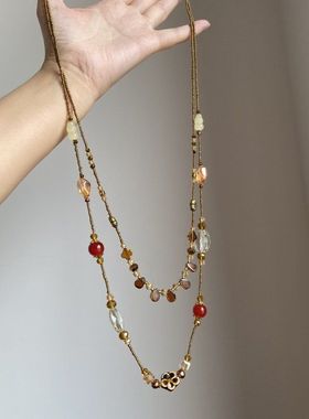 中古vintage双层陶水滴花朵项颈链复古小众感个性锁骨链潮HOT女式