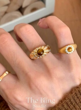 布契风天然虎眼石重工拉丝戒指中古太阳花纯银厚镀18k金色指环女