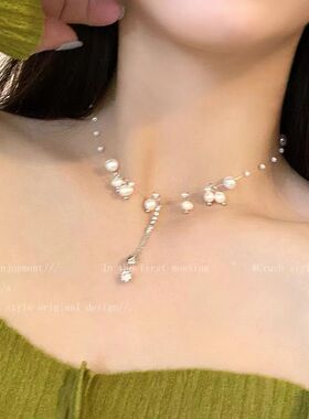 轻奢珍珠项链女ins小众设计爱心流苏锁骨链百搭高级感蝴 蝶颈链