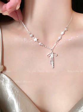 韩系ins蝴蝶结珍珠项链小众简约百搭锁骨链气质轻奢冷淡风饰品女