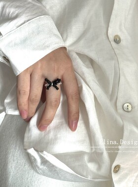 S925银饰品 气质甜美风 黑色串珠编织珍珠 蝴蝶结 戒指