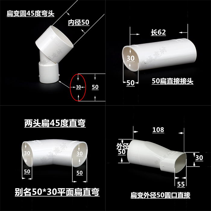 PVC50*30扁管地漏移位器50扁管移位扁变圆弯头三通直接直弯立三通-图2