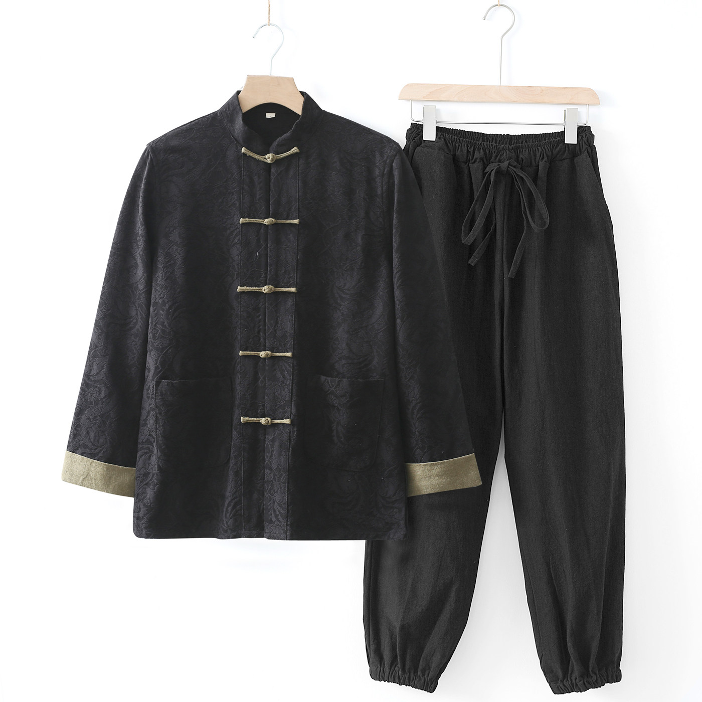 唐装男春秋单款长袖套装中国风新中式复古盘扣休闲纯棉提花两件套,淘宝优惠券,粉丝福利购,淘宝优惠卷