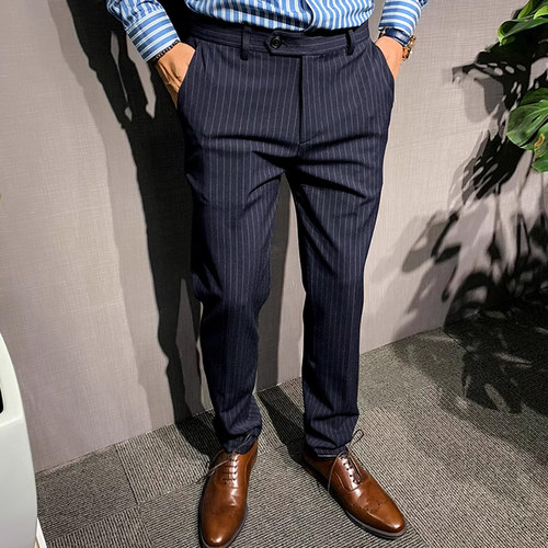 辉先生新款条纹西裤男士韩版修身休闲裤男职业商务新郎西装长裤子 - 图1