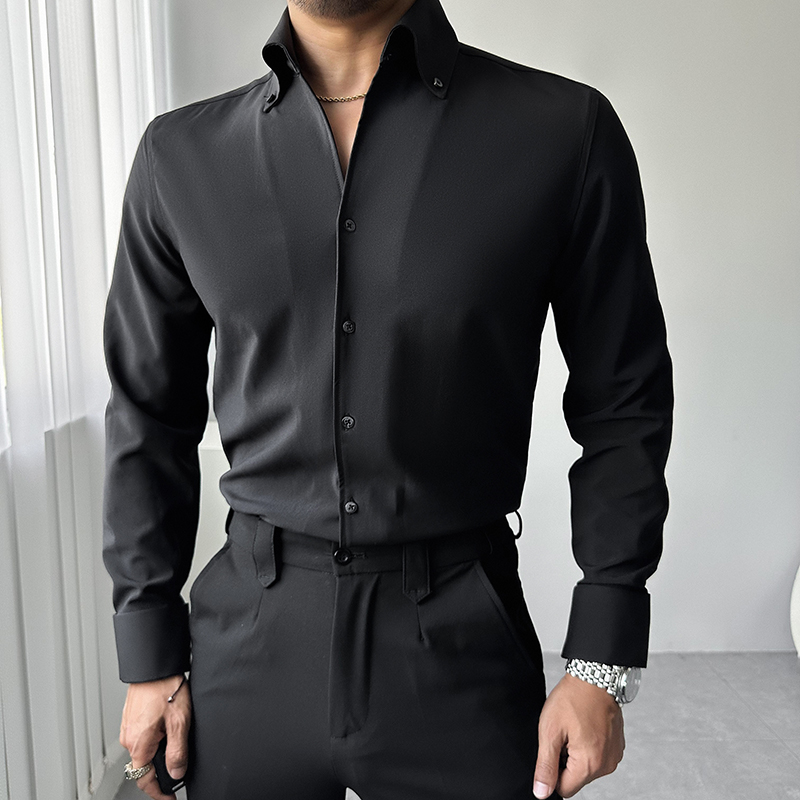 辉先生秋季男士深V领衬衫法式金属袖扣商务休闲修身百搭长袖衬衣 - 图1