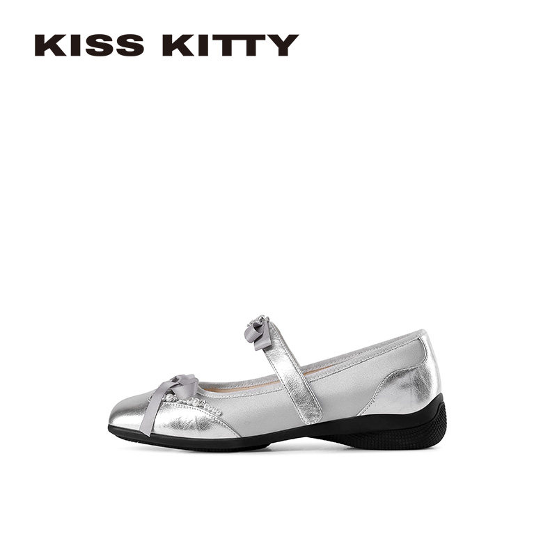 KISSKITTY甜心女孩 法式银色玛丽珍鞋蝴蝶结仙女风平底浅口单鞋女,淘宝优惠券,粉丝福利购,淘宝优惠卷