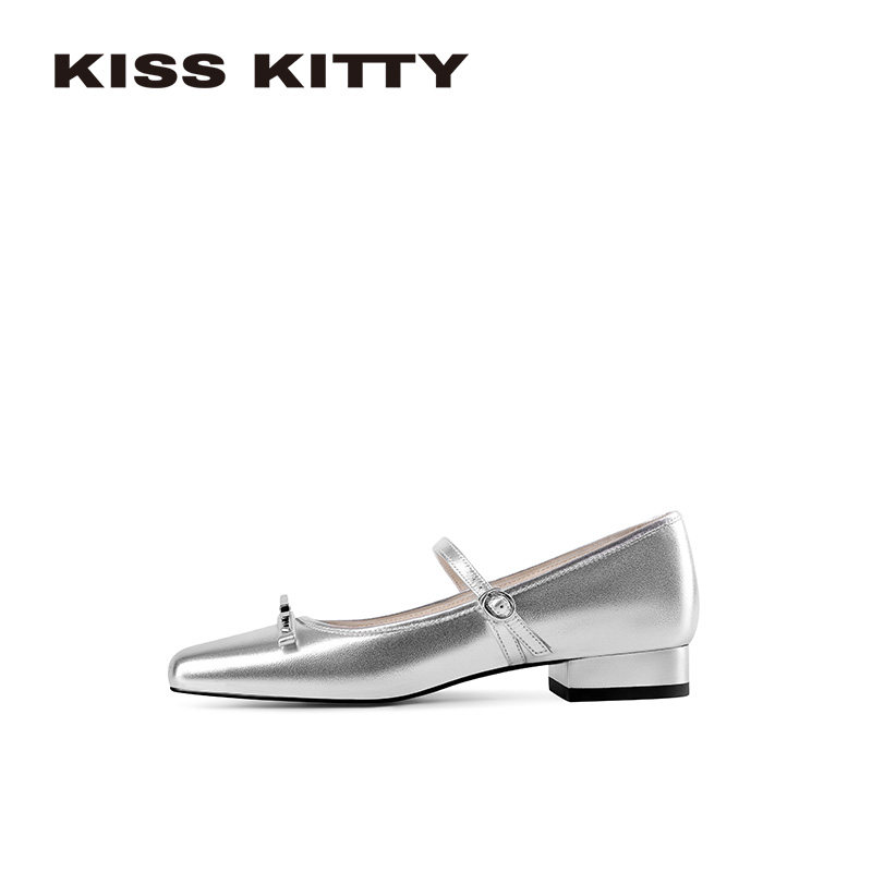 KISSKITTY银色玛丽珍鞋女2026春季低跟芭蕾舞鞋蝴蝶结方头平底鞋,淘宝优惠券,粉丝福利购,淘宝优惠卷