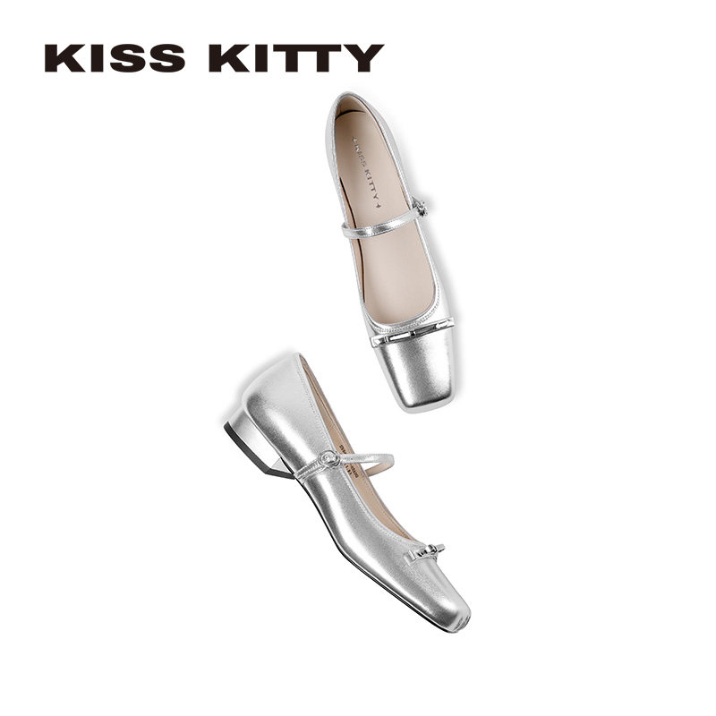 KISSKITTY银色玛丽珍鞋女2026春季低跟芭蕾舞鞋蝴蝶结方头平底鞋,淘宝优惠券,粉丝福利购,淘宝优惠卷