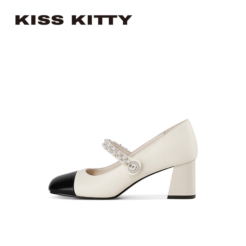 KISSKITTY玛丽珍女鞋2026春季新款粗跟方头小香风一字扣带高跟鞋,淘宝优惠券,粉丝福利购,淘宝优惠卷