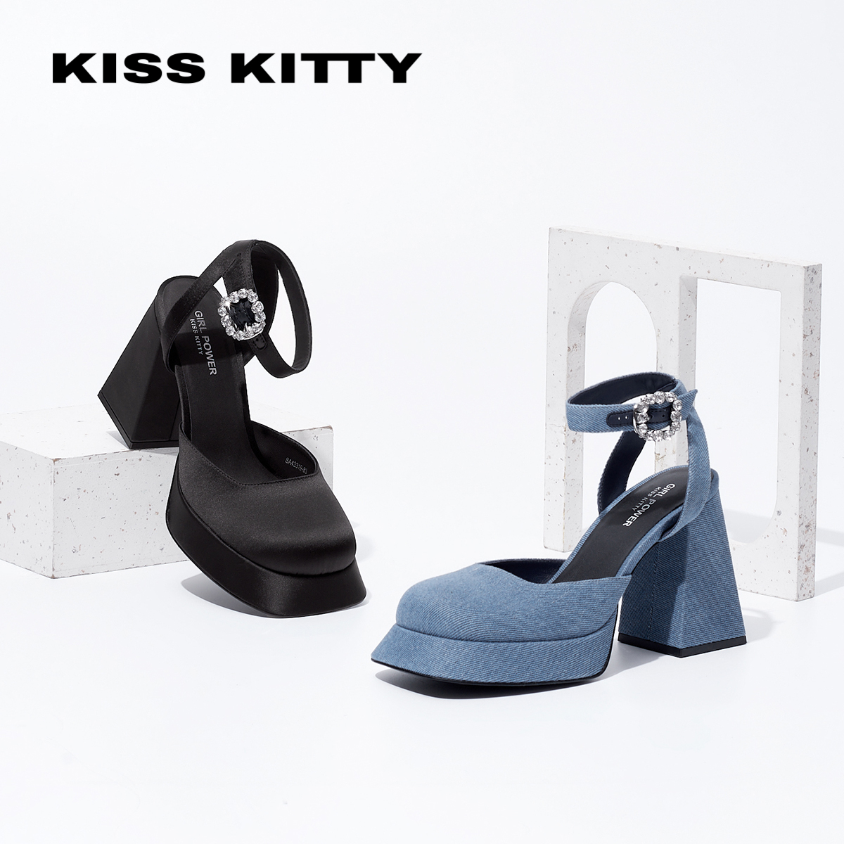 KISSKITTY高跟凉鞋夏季鞋子女新款防水台牛仔包头时装粗跟鞋 - 图3
