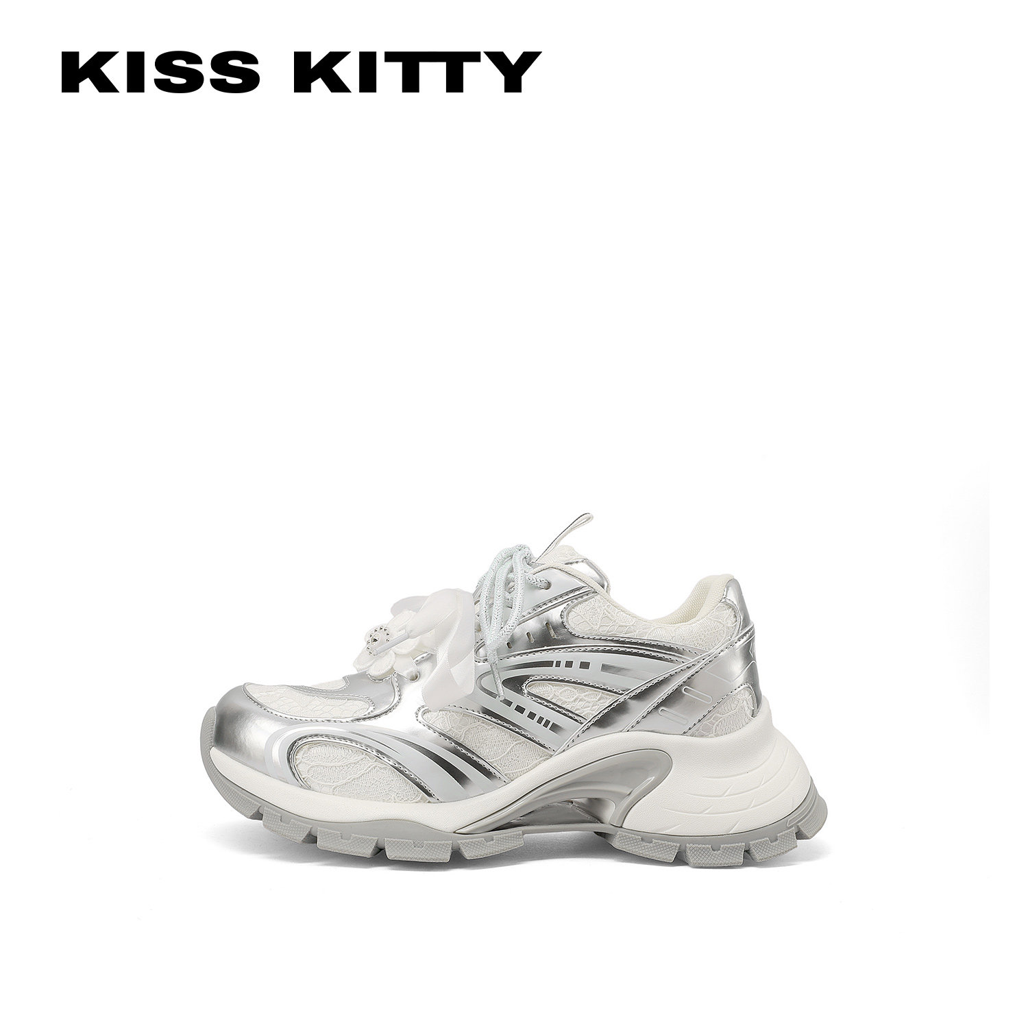 KISSKITTY花朵 厚底老爹鞋女2026年春季新款银色运动休闲鞋羊皮垫,淘宝优惠券,粉丝福利购,淘宝优惠卷