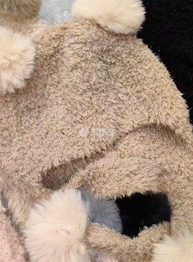 双毛球护耳保暖冬熊猫女式毛绒线滑雪一体百搭学生针织风雪雷锋帽