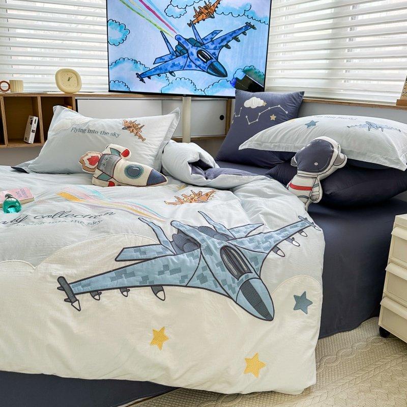 儿童卡通风水洗棉纯棉四件套男孩小飞机刺绣全棉被套床单床上用品,淘宝优惠券,粉丝福利购,淘宝优惠卷