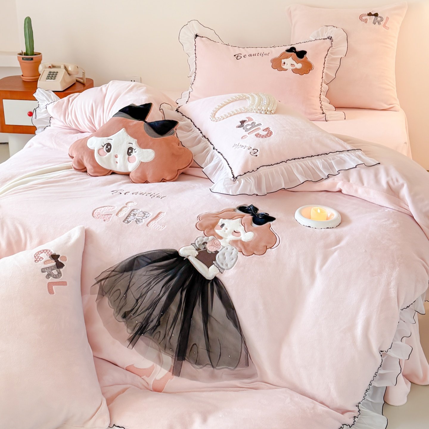 少女心冬季加厚牛奶绒四件套可爱小女孩蕾丝花边被套保暖床上用品,淘宝优惠券,粉丝福利购,淘宝优惠卷