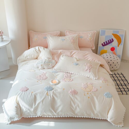 可爱云朵纯棉水洗棉四件套公主风全棉被套少女儿童小清新床上用品 - 图3