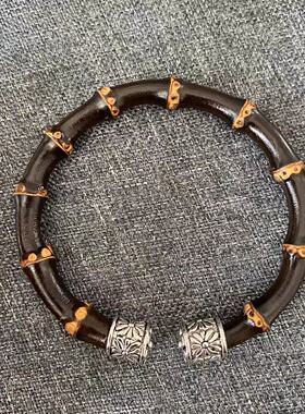 紫竹藤手镯紫竹根手环黑玉竹子鸡血藤民族银饰手工男女情侣款定制