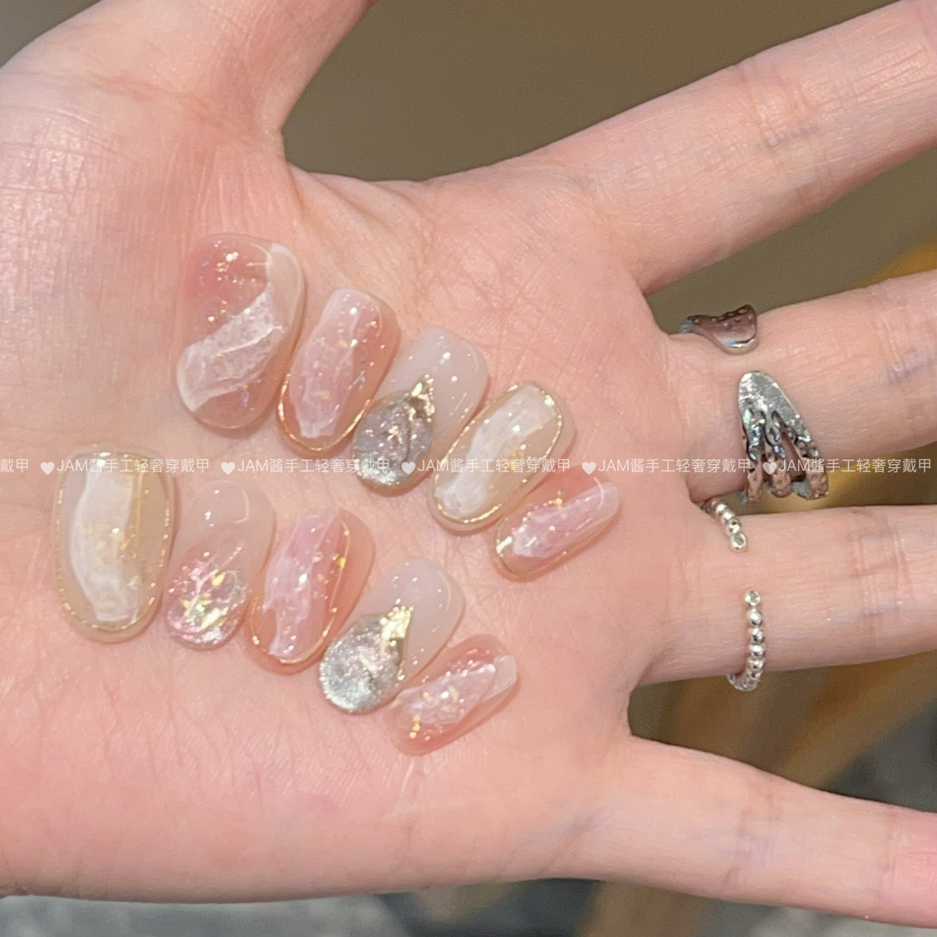 蔷薇少女 新款纯手工穿戴甲中长款粉色多层晕染穿戴美甲贴高级感,淘宝优惠券,粉丝福利购,淘宝优惠卷
