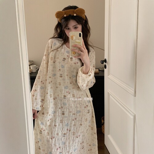 睡裙女春秋季长袖甜美可爱ins公主风宽松休闲睡衣中长裙子家居服 - 图1