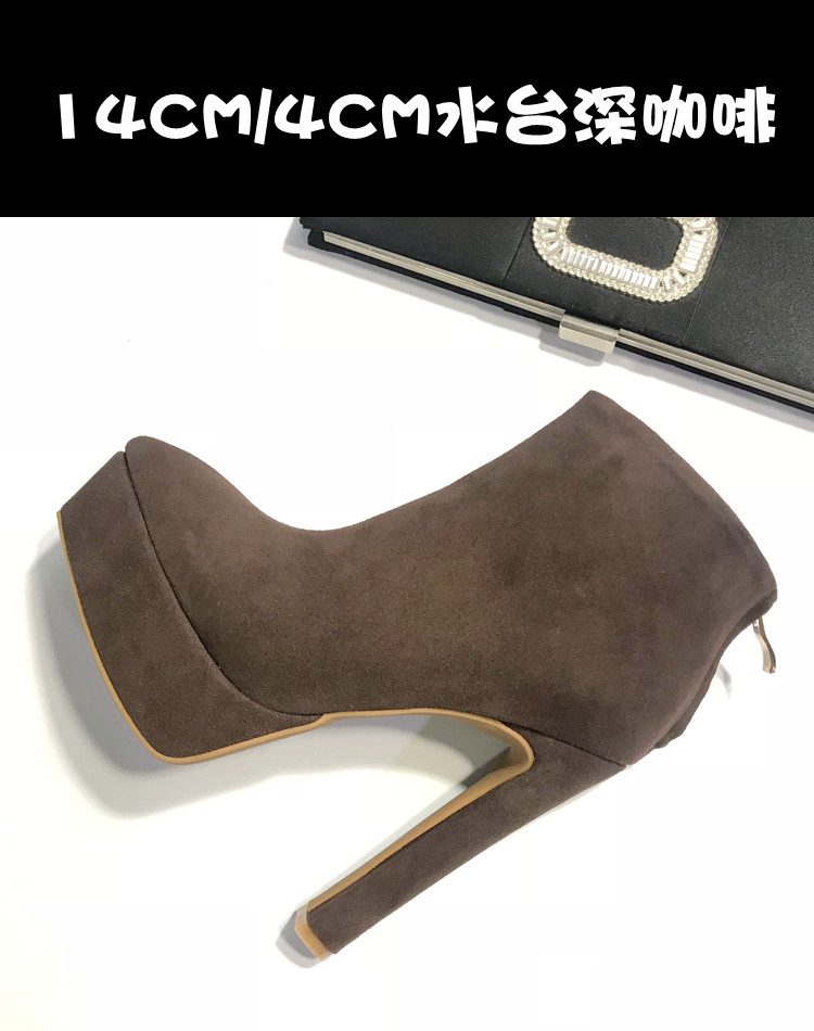 14CM羊猄绒粗跟尖头女短靴高跟咖色卡其色防水台时装靴33码高级感 - 图1