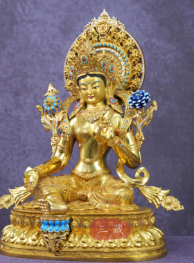 藏传纯铜鎏金绿度母佛像尼泊尔
