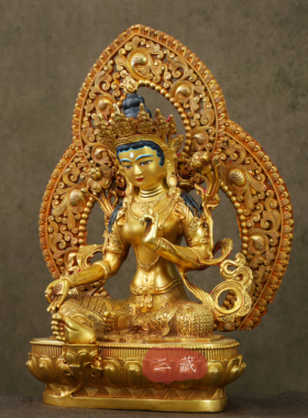 藏传铜鎏金佛像绿度母带背光10寸家用密宗来供奉度母桌面铜像摆件