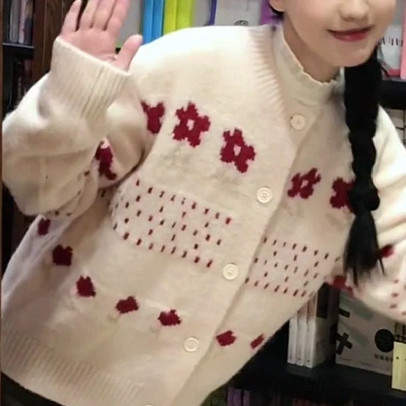 韩系清纯白月光穿搭套装女秋冬浅紫色提花毛衣开衫 - 图3