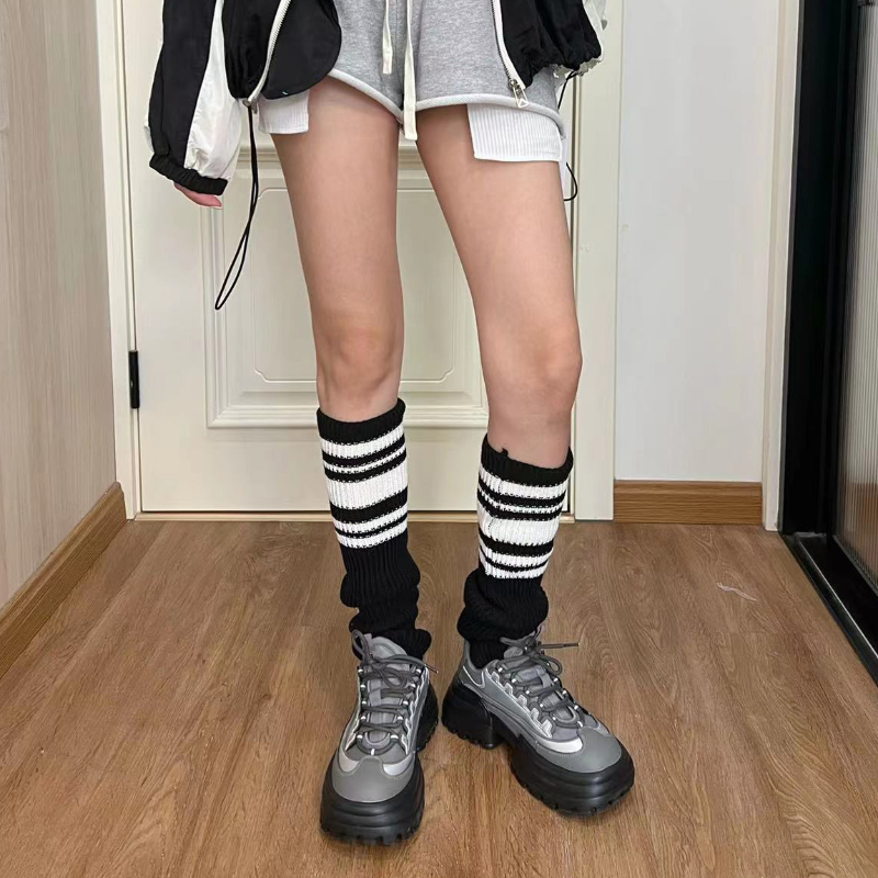 秋冬季美式复古腿套运动条纹学院风针织袜套加厚小腿堆堆袜 - 图2