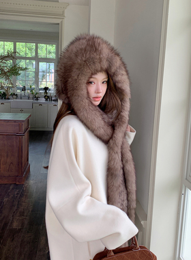 长期主义穿搭狐狸毛围巾帽子一体仿紫貂色真毛毛风雪帽护耳冬保暖