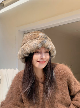 兔毛帽子女白色冬季护耳显脸小