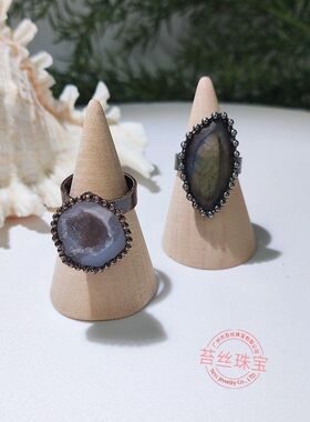 天然玛瑙晶洞水晶戒指 拉长石食指戒指环 男女情侣款手饰