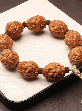 八大财神橄榄核手串手工雕刻爆红老料荷叶财神文玩单圈手链男盘玩