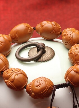 橄榄核手串弥勒笑佛核雕文玩手捻沙泥佛手链人生百态包衣佛珠