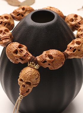 橄榄核手工雕刻手串骷髅头路路通手把件小僵尸皇冠男文玩核雕手链