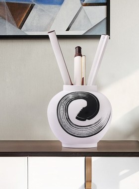 拍前询价b新中式白色水墨陶瓷花器摆件样板房家具城客厅书房书议