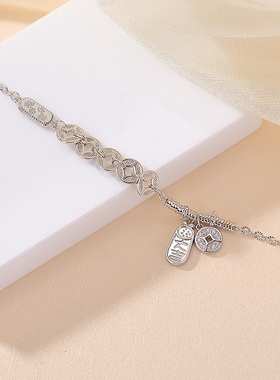 轻奢高端S925纯银镀金五帝铜钱招财纳福吉言新中式亮面手链手饰女