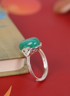 S925银镶孔雀石开口食指戒女戒指