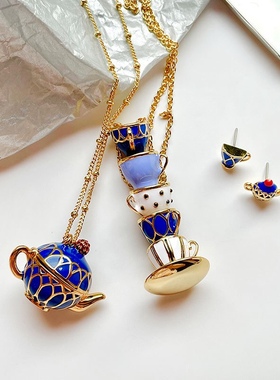 小众珐琅釉茶杯项链不对称耳钉设计感茶壶项链 外贸出口品质