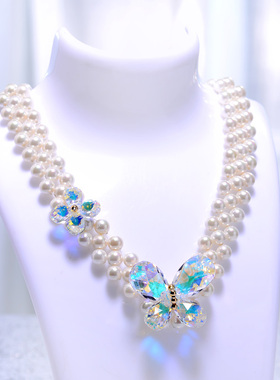 晶柜时尚蝴蝶项链女白色锁骨链