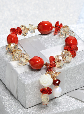晶柜红色贝壳女简约吊坠水晶手链
