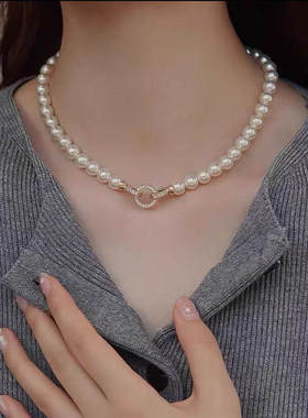 生日礼物 高端施家澳白色珍珠玫瑰金带钻颈链锁骨链2025新款