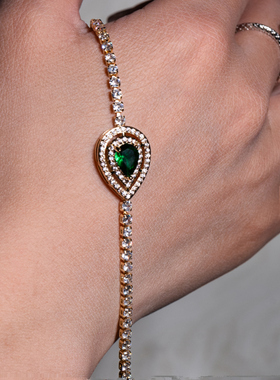 欧美奢华祖母绿厚镀18K玫瑰金锆石手链