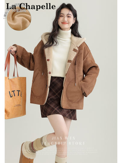 La chapelle 2026 autumn and winter new reversible hooded brown coat women's fur one-piece thickened short coat