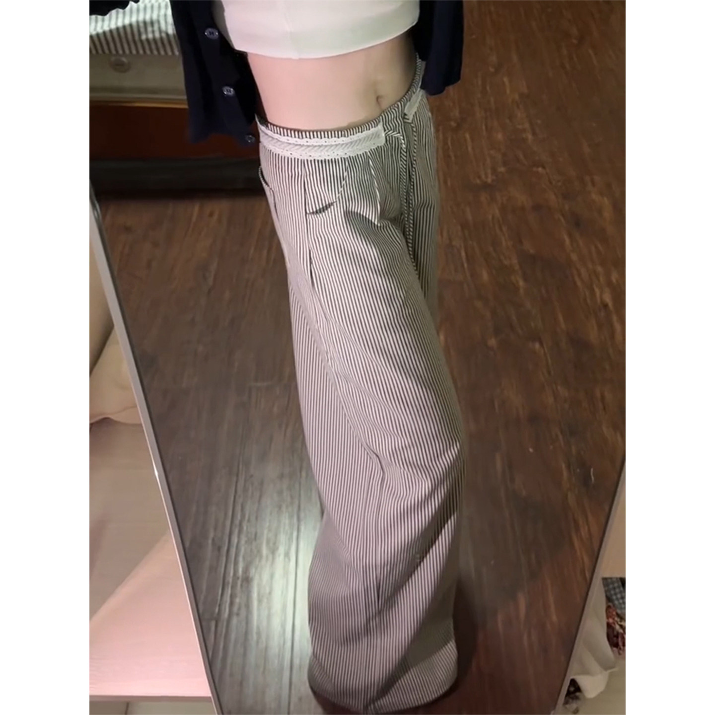 175高个子超长条纹拼接蕾丝抽绳直筒裤女宽松显瘦垂感松紧休闲裤,淘宝优惠券,粉丝福利购,淘宝优惠卷