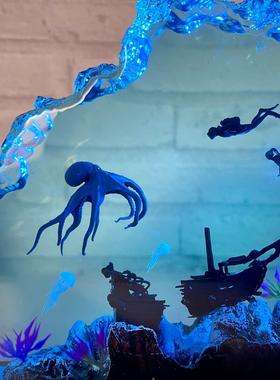 海洋章鱼和潜水员树脂夜灯木质树脂灯手工家具和装饰品生日礼物