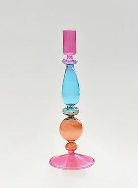 创意ins彩色玻璃烛台家居摆件婚礼拍摄道具复古撞色烛台工厂