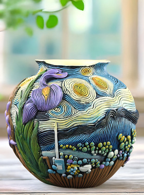 跨境爆款梵高艺术灵感星月夜花盆家居客厅玄关插花花瓶手工装饰品