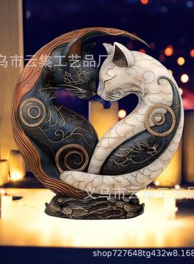 跨境Black and White Cat Yin Yang Art Desk Decor双猫树脂摆件