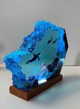 虎鲸树脂灯逆戟鲸和海龟环氧树脂和木制手工家具生日礼物独特礼物
