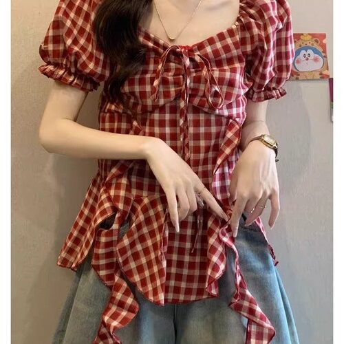 法式红色格子方领短袖衬衫女百搭夏季大码显瘦遮肚子飘带小衫上衣 - 图1
