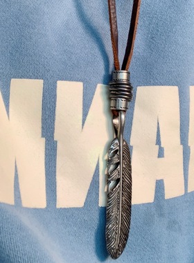 原创潮牌羽毛吊坠牛皮绳男项链女